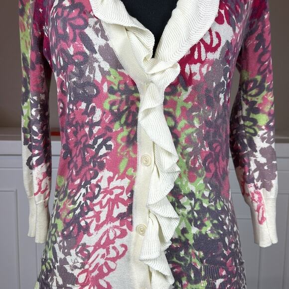 Anthropologie Tabitha Ruffle Floral Button Front Cardigan Pockets Cotton Size M - Picture 5 of 14